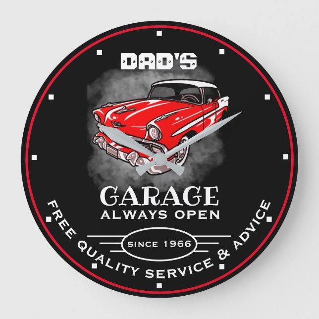 Vaters Garage Jeder Name immer öffnen Slogan Red C Große Wanduhr (Vorderseite)