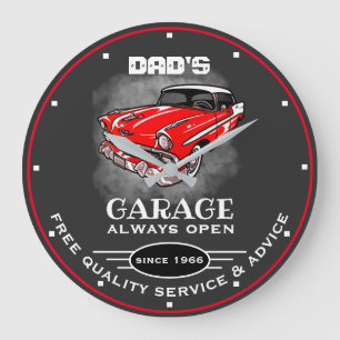 Vaters Garage Jeder Name öffnet immer Red Car Grau Große Wanduhr