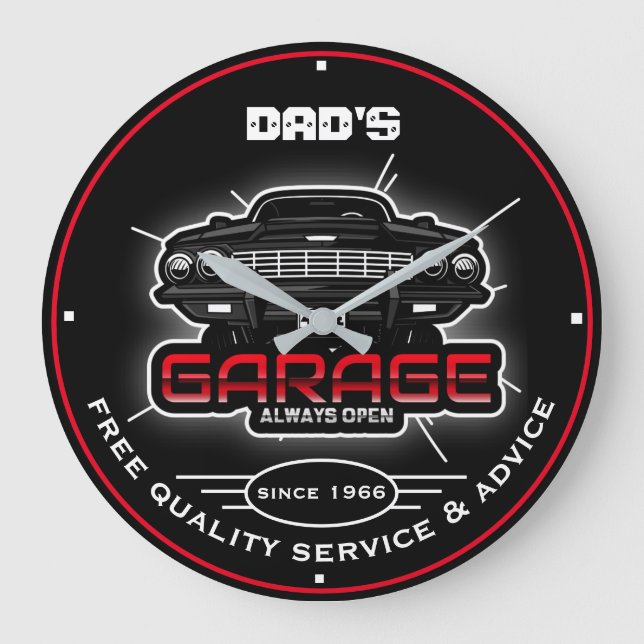 Vaters Garage oder irgendein Name öffnen immer Fun Große Wanduhr (Vorderseite)