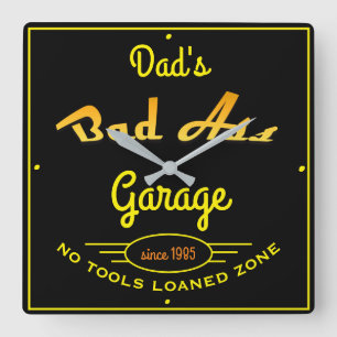 Vaters Garage Schwarz und Gelb Bad Garage Quadratische Wanduhr