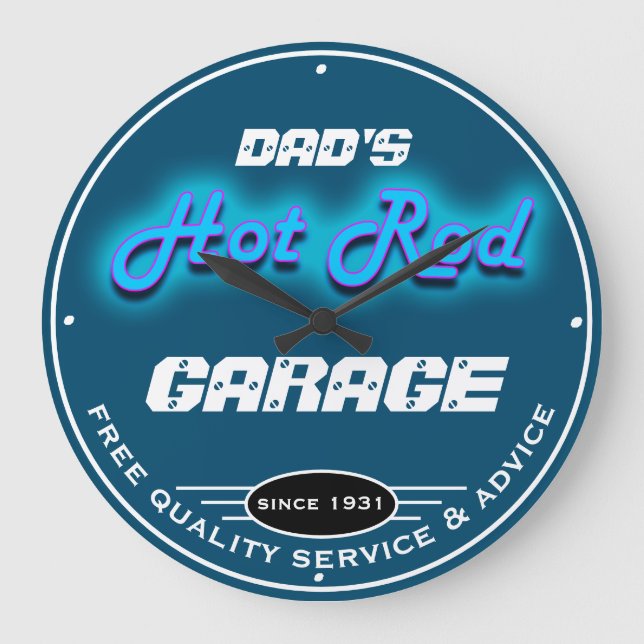 Vaters oder irgendein Name Garage Blue Imitats Neo Große Wanduhr (Vorderseite)