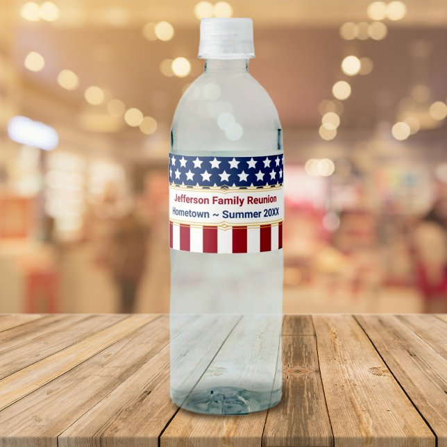 Vaterschaftsveranstaltung Wasserflaschenetikett (Stars and Stripes Red White Blue Family Name Year Water Bottle Label Name, Event and Date template.)