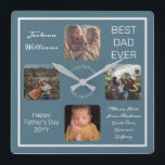 Vatertag Bester Vater je Blue Four Foto Quadratische Wanduhr<br><div class="desc">Zeigen Sie Vater, den Sie ihm für den Vatertag schätze, mit diesem Vier-Foto-blauen Design mit dem Namen Ihres Vaters, dem Text "Bester Vater je", und Raum für eine einzigartige Nachricht unten mit typisierten Signaturen in Skripttext und der Anlass und das Jahr. Design by Holiday Hearts Designs (Rechte vorbehalten) mit Template-Platzhalter-Fotos...</div>