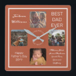Vatertag Bester Vater je Terra Cotta Vier Foto Quadratische Wanduhr<br><div class="desc">Zeigen Sie Vater, den Sie ihm für den Vatertag schätze, mit diesem Vier-Foto-Terracotta und Weiß-Design mit dem Namen Ihres Vaters, dem Text "Bester Vater je", und Raum für eine einzigartige Nachricht unten mit typisierten Signaturen im Skripttext und der Anlass und das Jahr. Design by Holiday Hearts Designs (Rechte vorbehalten) mit...</div>