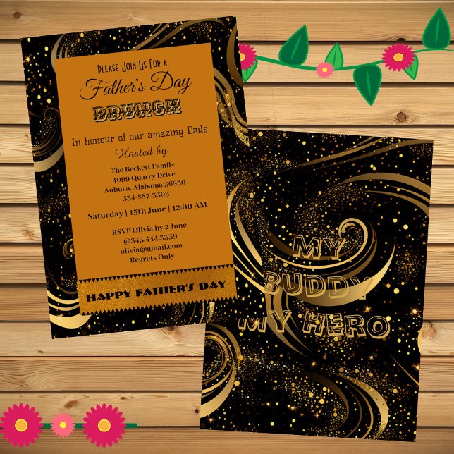 Vatertag Brunch Gold Curls Blätterteig Wirbel Part Einladung (Father's Day Brunch Gold Curls Leafy Swirls Party Invitation)
