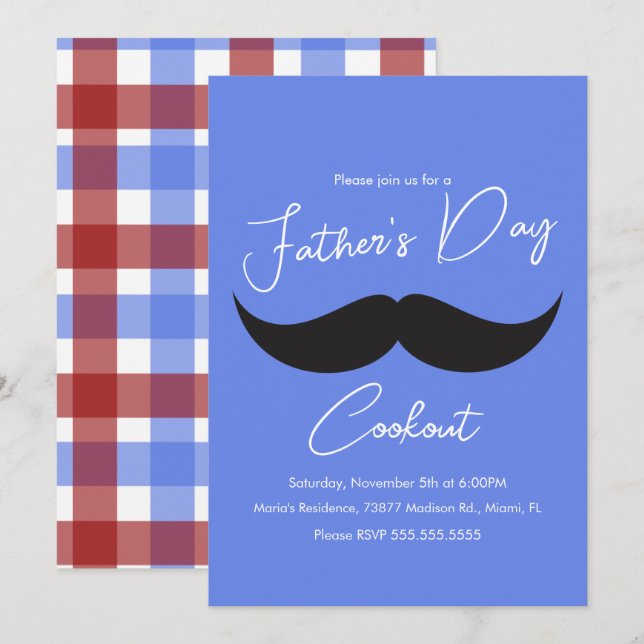 Vatertag Cookout Mustache Blue Kariert Einladung (Vorne/Hinten)