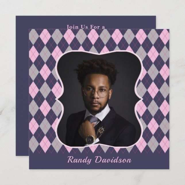 Vatertag Foto Blue Pink Raute Dinner Party Einladung (Vorne/Hinten)