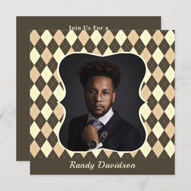 Vatertag Foto Brown Tan Raute Abendessen Party Einladung (Vorne/Hinten)