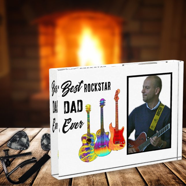 Vatertag Gitarre Vater Custom Foto (Best rockstar dad ever photo template and funky psychedelic guitars music themed Block )