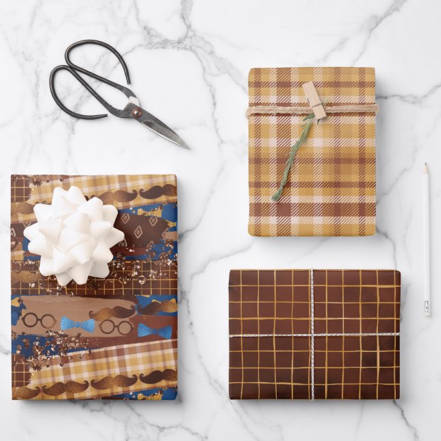 Vatertag Krawatte, Brillen & Mustaches Wrappin Geschenkpapier Set (Vorderseite)