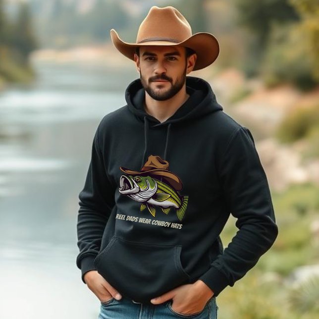 Vätertag Sonnenfisch mit Cowboy-Hut Hoodie (Funny Bass Fish with Cowboy Hat-Father's Day Hoodie Fisherman Core Reel Dads wear cowboy hats)