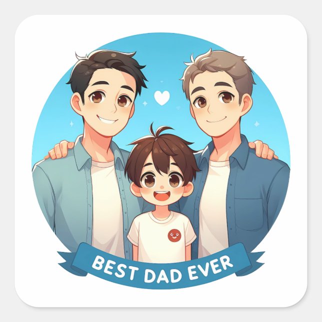 Vatertag - Zwei Väter und ihr Sohn Quadratischer Aufkleber (Vorderseite)