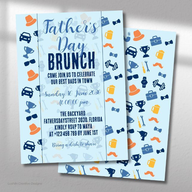 Vatertags-Brunch mit hellblauen Icons Einladung (Von Creator hochgeladen)