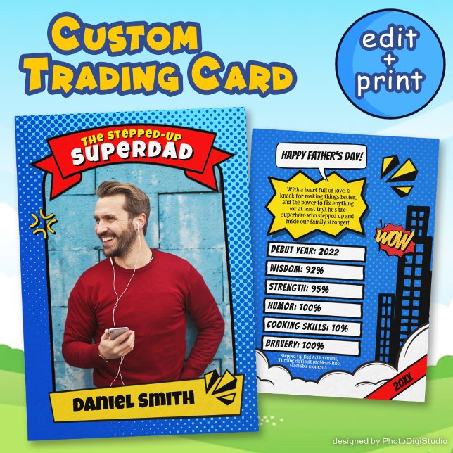 Vathers Day Card Comic Vater Trading Card Telefonnummerkarte (Fathers Day Card Comic Stepped Up Dad Trading Card)