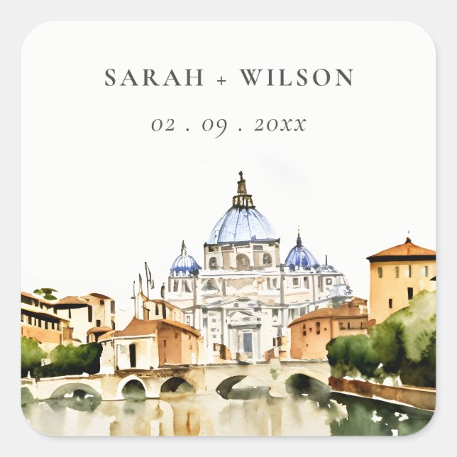 Vatikanstadt Rom Italien Wasserfarbenwelt Hochzeit Quadratischer Aufkleber (Vorderseite)