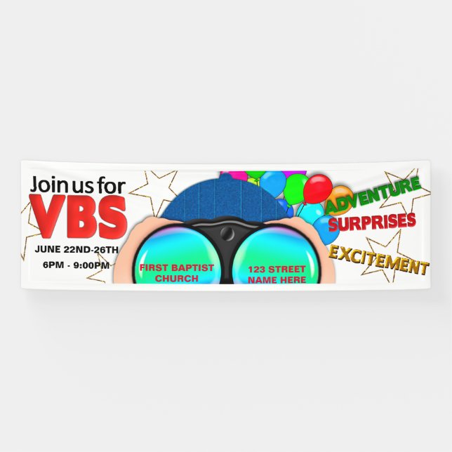 VBS Werbebanner, Binokulare, farbiger Text Banner (Horizontal)