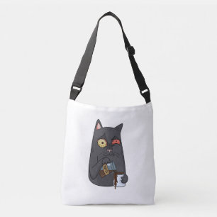 Vector Black Cat trinkt Kaffee und verschüttet vor Tragetaschen Mit Langen Trägern