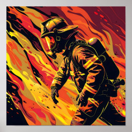 Vector Firefighter mit Flammenhintergrund Poster