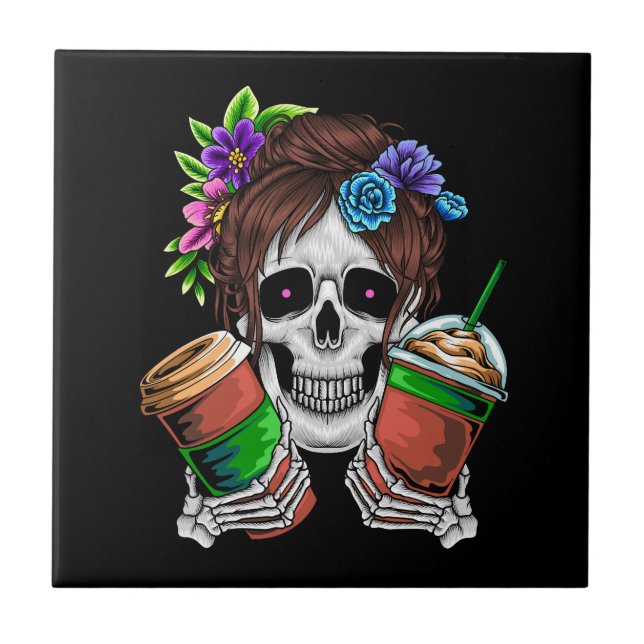 Vector Frauenschädel mit Eiskaffee und Blume Fliese (Vorderseite)