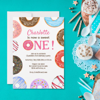 Vector Niedlich Donuts Sweet One 1. Geburtstag Einladung