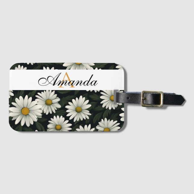 Vector White Daisy Seamless Muster Monogrammiert Gepäckanhänger (Vorderseite (Horizontal))