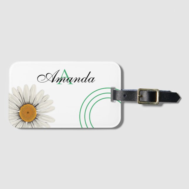 Vector White & Green Daisy Floral Monogrammiert Gepäckanhänger (Vorderseite (Horizontal))