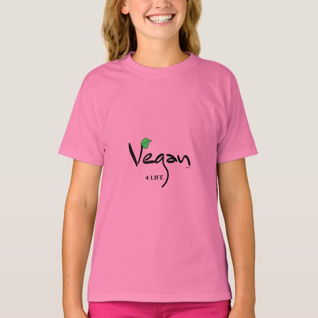 Vegan 4 Leben mit grünem Leaf rosa T-Shirt (Vorderseite)