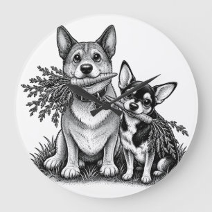 Vegan Corgi & Chihuahua mit Karotten Große Wanduhr