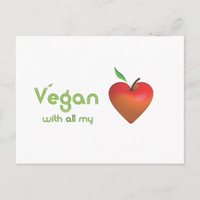Vegan mit meinem ganzen Herzen (rotes Apfelherz) Postkarte (Vorderseite)