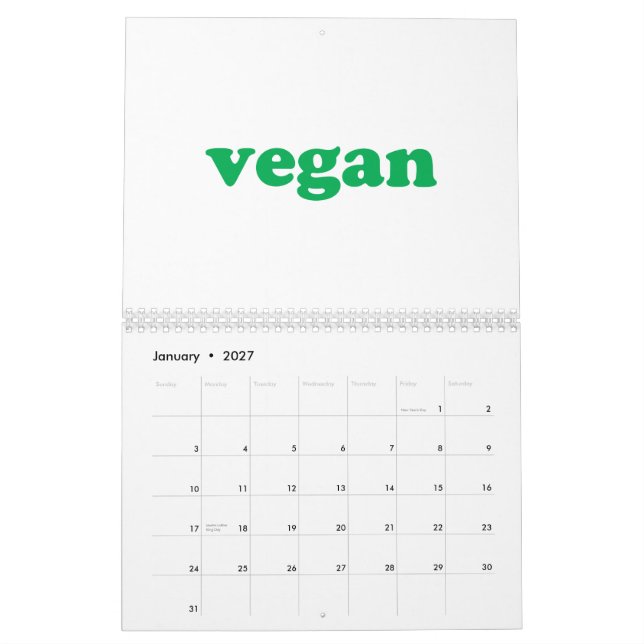 Vegane moderne Typografie in Weiß und Grün Kalender (Jan 2027)