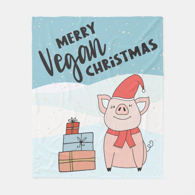 Vegane Weihnachten mit Cartoon-Ferkel und Geschenk Fleecedecke (Vorderseite)