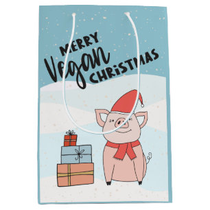 Vegane Weihnachten mit Cartoon-Ferkel und Geschenk Mittlere Geschenktüte