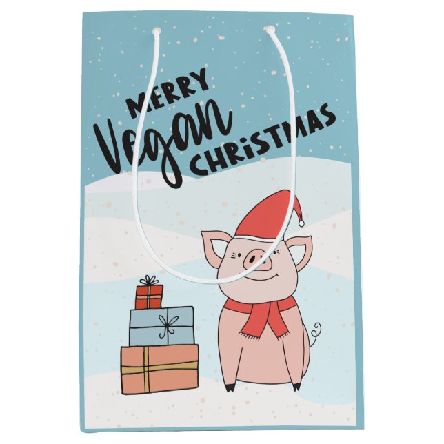 Vegane Weihnachten mit Cartoon-Ferkel und Geschenk Mittlere Geschenktüte (Vorderseite)