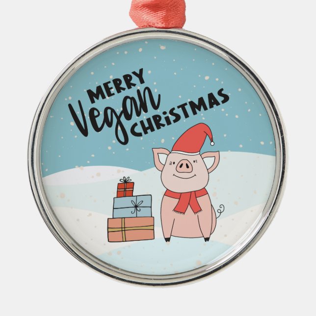 Vegane Weihnachten mit Cartoon-Ferkel und Geschenk Ornament Aus Metall (Vorne)