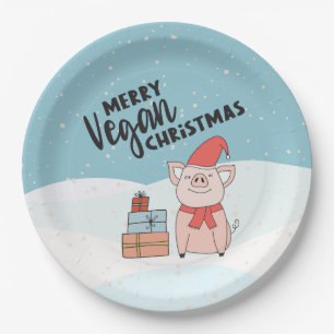 Vegane Weihnachten mit Cartoon-Ferkel und Geschenk Pappteller