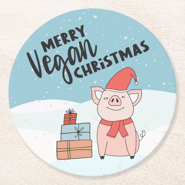 Vegane Weihnachten mit Cartoon-Ferkel und Geschenk Runder Pappuntersetzer (Vorderseite)