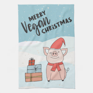 Vegane Weihnachten mit Cartoon-Ferkel und Schneefl Geschirrtuch