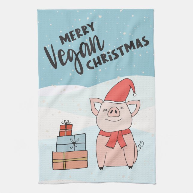 Vegane Weihnachten mit Cartoon-Ferkel und Schneefl Geschirrtuch (Vertikal)