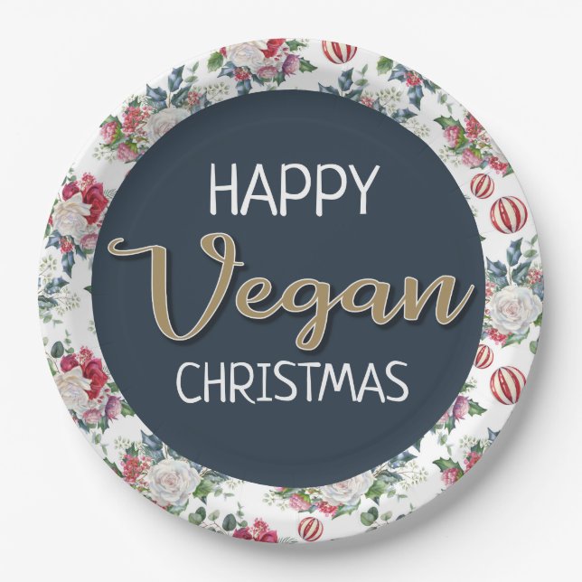 Vegane Weihnachtsretrine blau und goldfarben, blum Pappteller (Vorderseite)