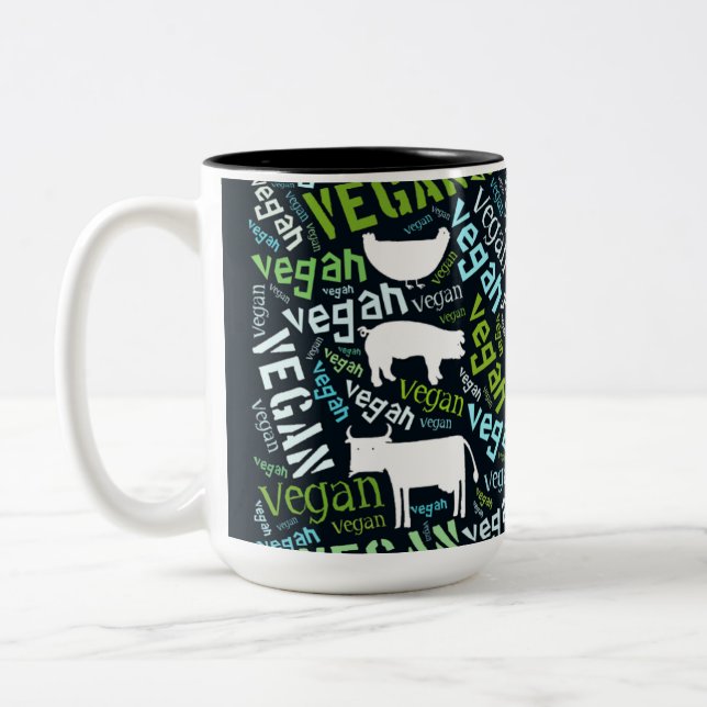 "Vegane" Wort-Wolke - Schwein, Henne u. Kuh mit Zweifarbige Tasse (Links)