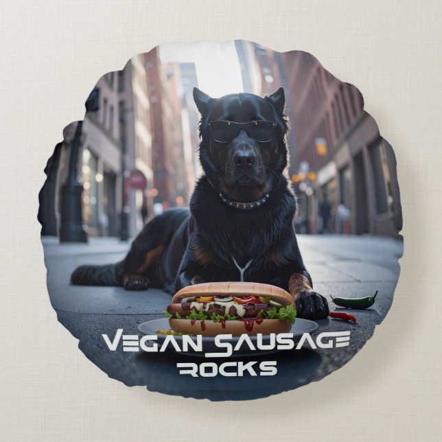 VEGANE WURST ROCKS - LUSTIG RUNDES KISSEN (Vorderseite)