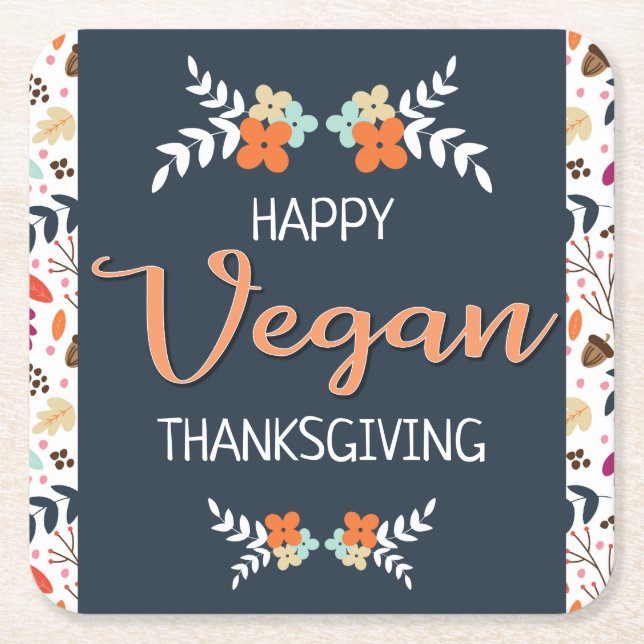 Veganer Erntedank blauer Blütentext mit orangefarb Rechteckiger Pappuntersetzer (Vorderseite)