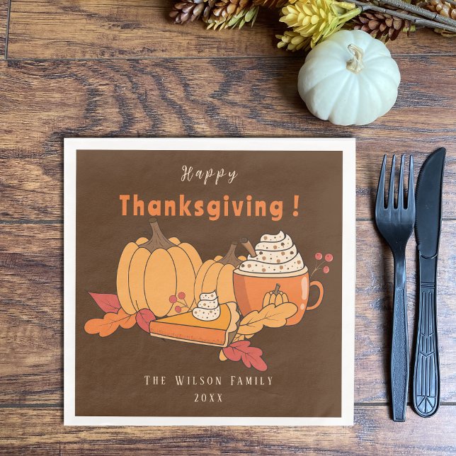 Veganer Erntedank Brown Paper Napkin Serviette (Vegan Thanksgiving dinner brown paper napkins personalized with last name and date .)