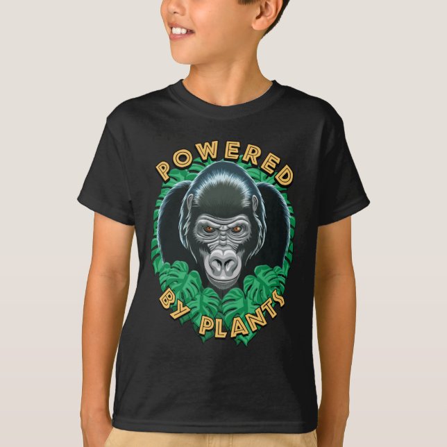 Veganer Gorilla - Powered by Pflanze Zitat T-Shirt (Vorderseite)