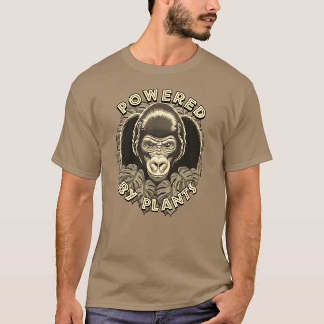 Veganer Gorilla - Powered by Pflanze Zitat T-Shirt (Vorderseite)