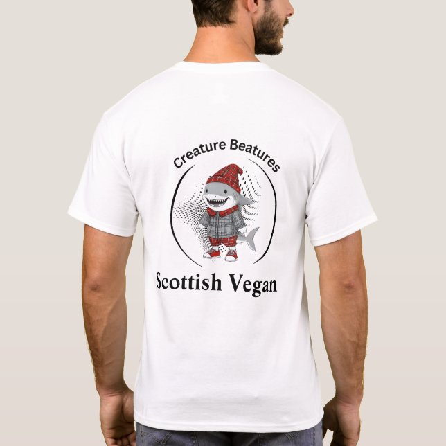 veganer Hai in schottischer Tartan-Verkleidung T-Shirt (Rückseite)