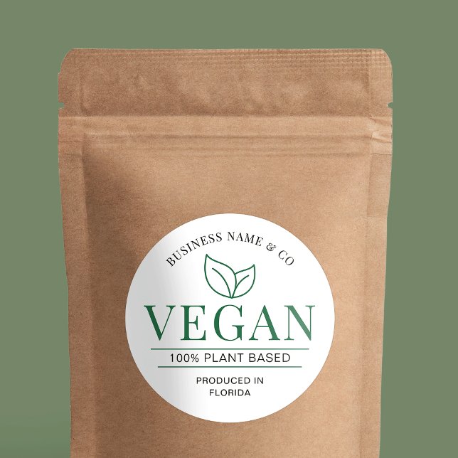Veganes, modernes Pflanze-basiertes Bäckereiproduk Runder Aufkleber (Modern vegan product label in black white and green with space for your business name and tag line)