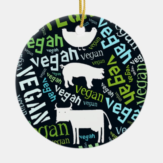 "Veganes" Wort-Wolke Mosaik mit einer Kuh, Keramikornament (Vorne)