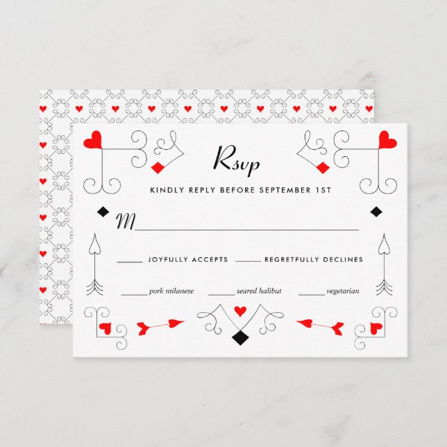 Vegas Cupid's Hearts and Diamonds Wedding RSVP Karte (Vorne/Hinten)