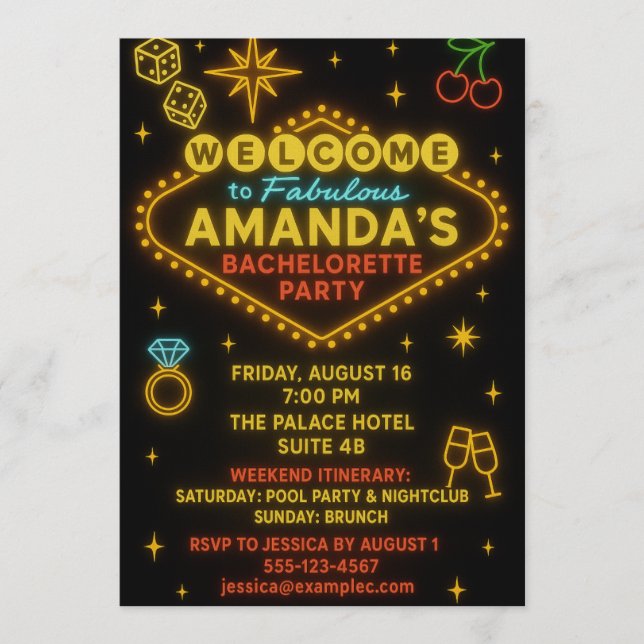Vegas Neon Sign Bachelorette Party Invitation  Einladung (Vorderseite)